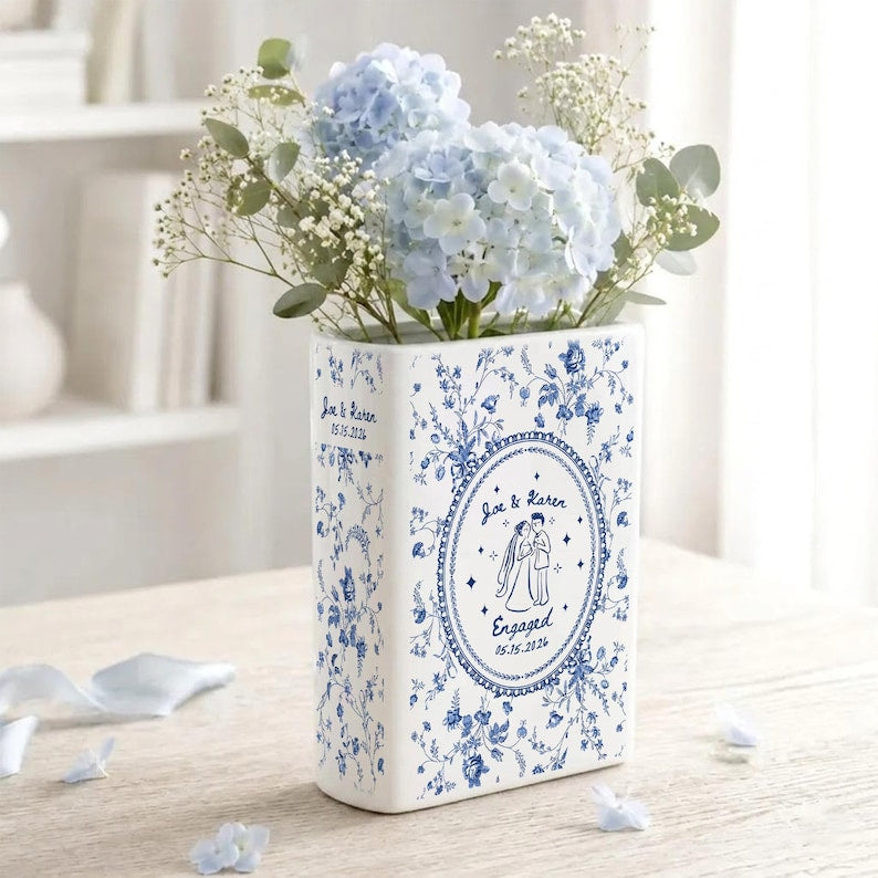 Personalized Engagement Toile De Jouy Ceramic Book Vase, Custom Couple Name Book Vase