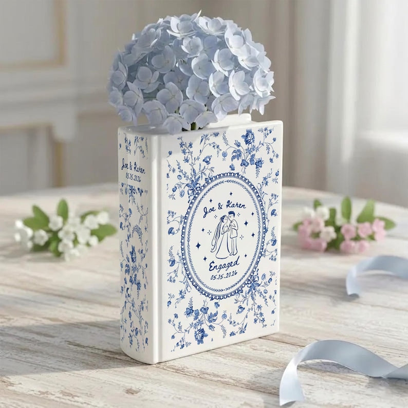 Personalized Engagement Toile De Jouy Ceramic Book Vase, Custom Couple Name Book Vase
