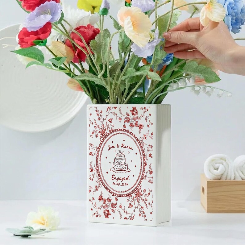 Personalized Engagement Toile De Jouy Ceramic Book Vase, Custom Couple Name Book Vase