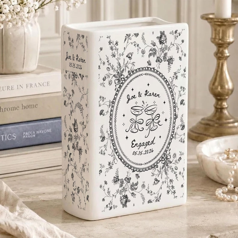 Personalized Engagement Toile De Jouy Ceramic Book Vase, Custom Couple Name Book Vase