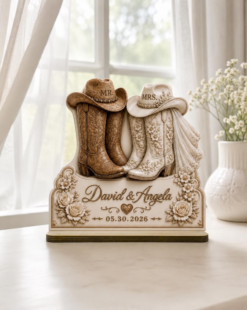 Custom Names and Date Bridal Boots Plaque, Mr and Mrs Western Wedding Wooden Plaque