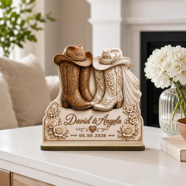 Custom Names and Date Bridal Boots Plaque, Mr and Mrs Western Wedding Wooden Plaque