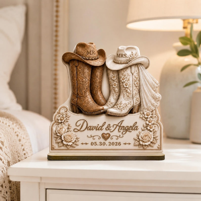Custom Names and Date Bridal Boots Plaque, Mr and Mrs Western Wedding Wooden Plaque