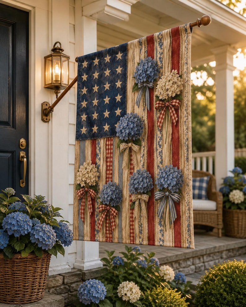 Rustic Faux Ribbon American Flag with Hydrangeas Outdoor Flag