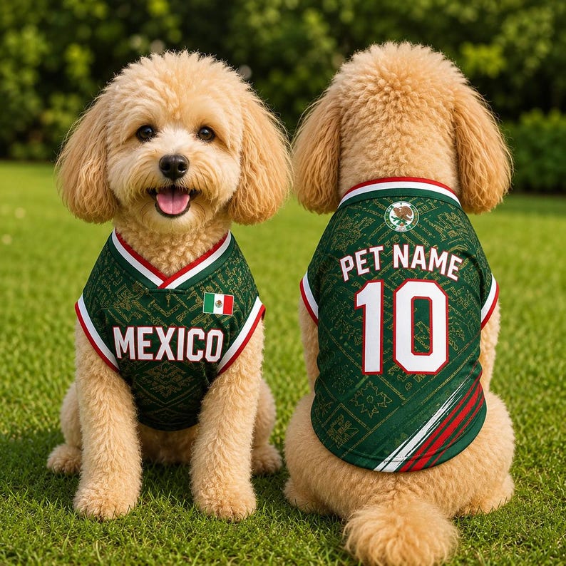 Personalized Mexico Pet Soccer Jersey, Custom Dog Cat Football Shirt, Name Number Puppy Sportswear