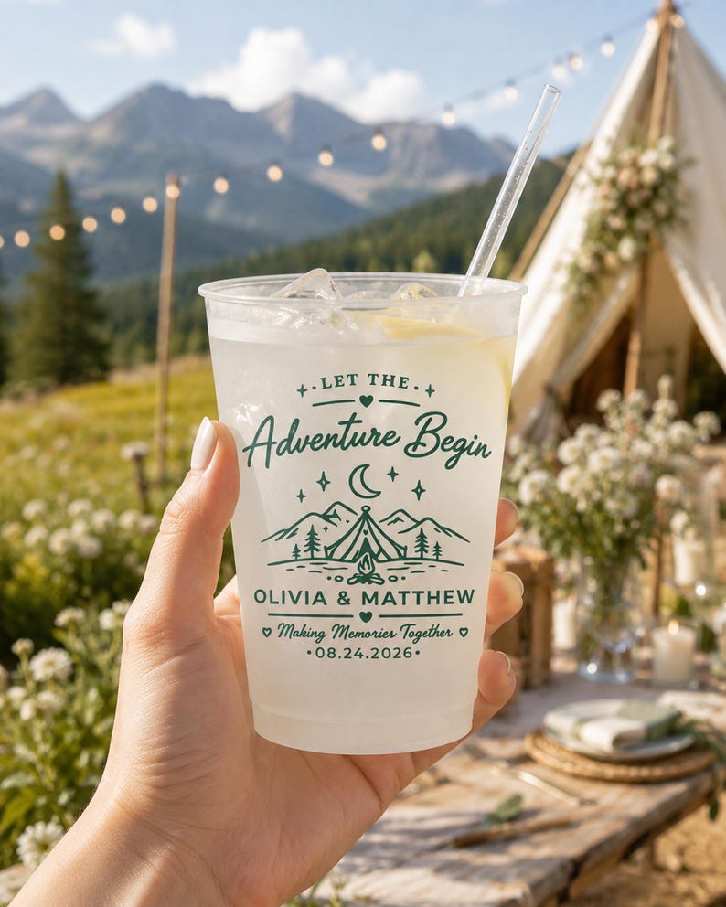 Custom Wedding Frosted Cups, Let the Adventure Begin Cups, Mountain Wedding Favors
