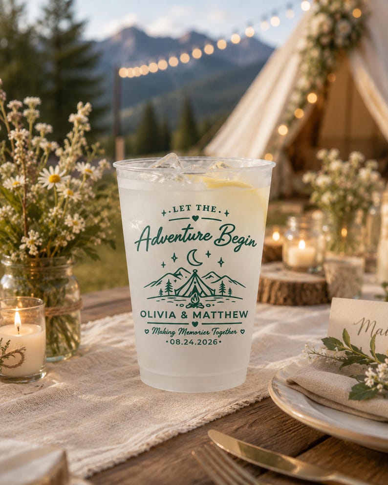 Custom Wedding Frosted Cups, Let the Adventure Begin Cups, Mountain Wedding Favors