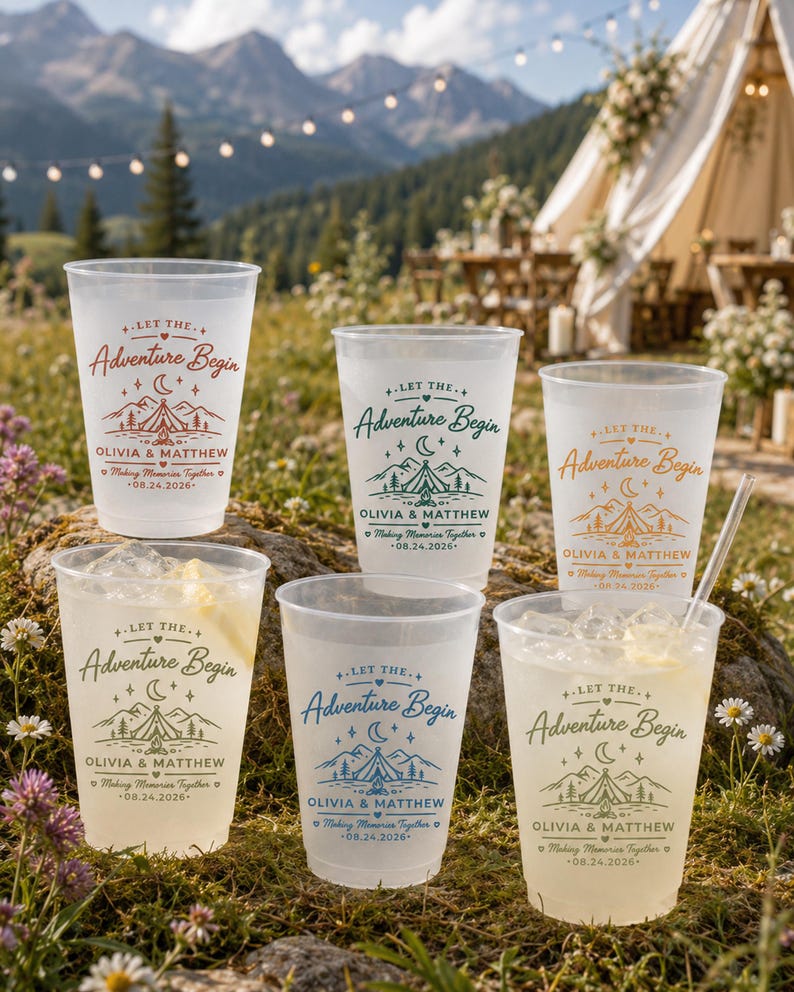 Custom Wedding Frosted Cups, Let the Adventure Begin Cups, Mountain Wedding Favors