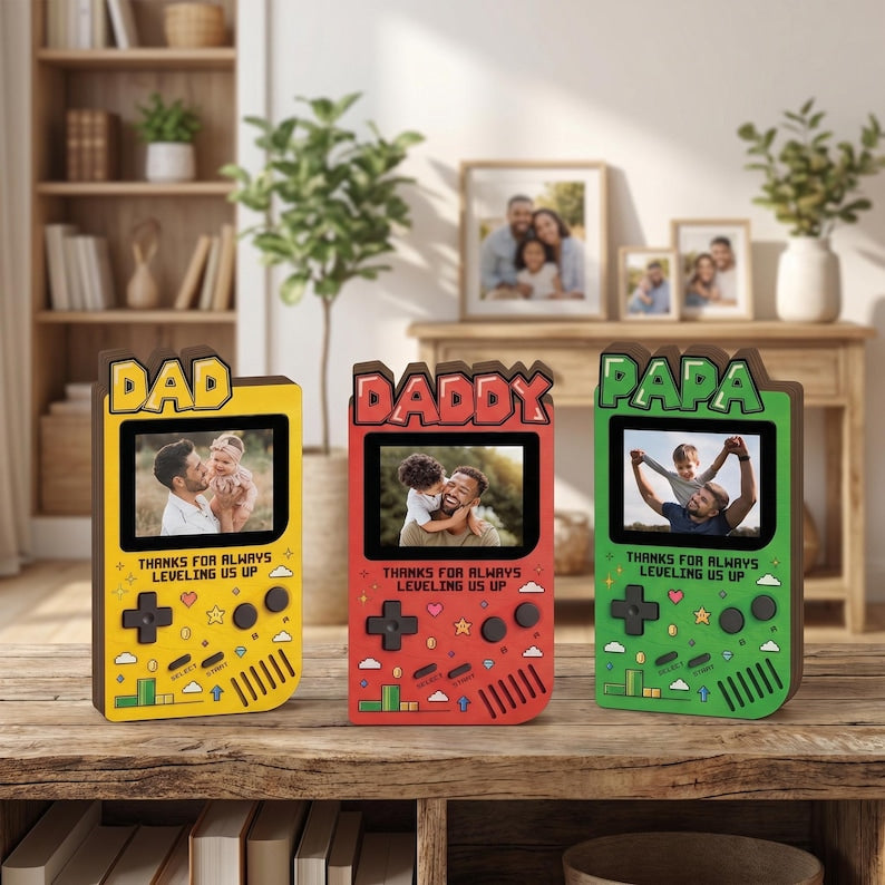 Custom Photo Dad Frame 2D Flat Wooden Block, Retro Game Console Photo Wooden Block Sign