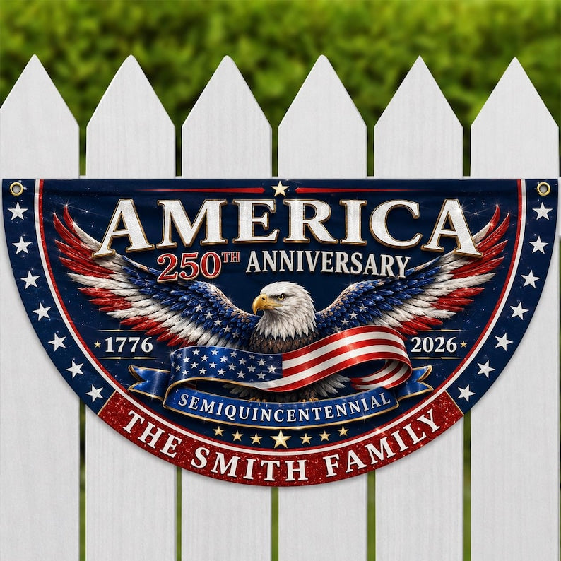 Custom Family Name America 250th Anniversary Fan Flag, 1776-2026 Semiquincentennial Patriotic Eagle Buntingy)