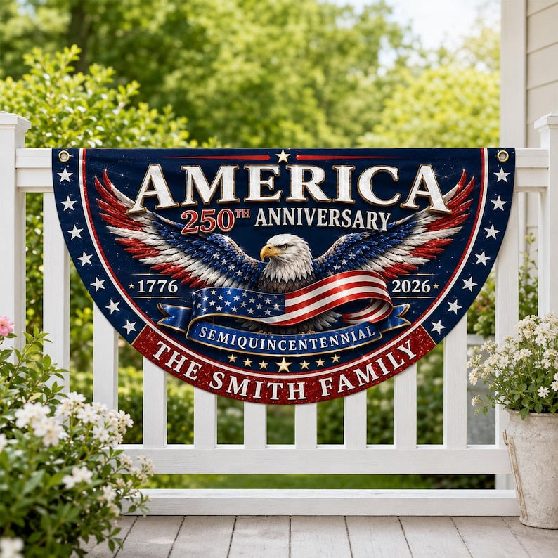 Custom Family Name America 250th Anniversary Fan Flag, 1776-2026 Semiquincentennial Patriotic Eagle Buntingy)