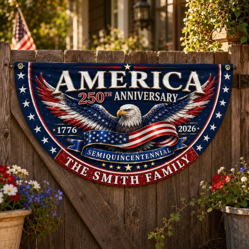 Custom Family Name America 250th Anniversary Fan Flag, 1776-2026 Semiquincentennial Patriotic Eagle Buntingy)