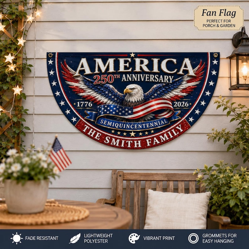 Custom Family Name America 250th Anniversary Fan Flag, 1776-2026 Semiquincentennial Patriotic Eagle Buntingy)