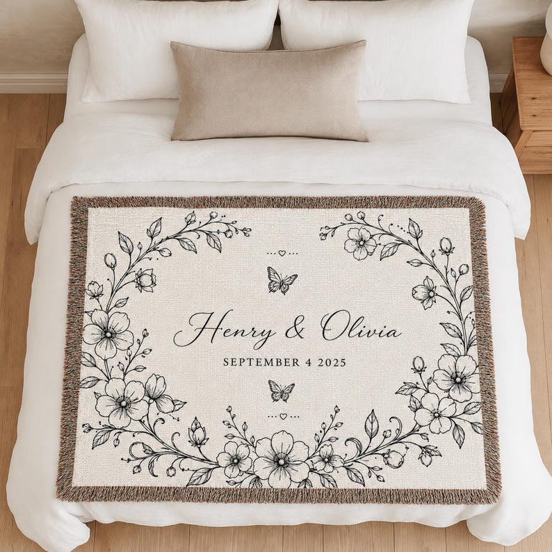 Personalized Wedding Blanket with Names & Date, Anniversary Engagement Throw, Custom Couple Gift