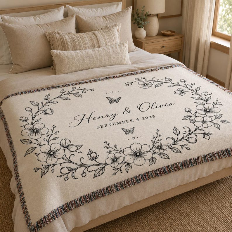 Personalized Wedding Blanket with Names & Date, Anniversary Engagement Throw, Custom Couple Gift