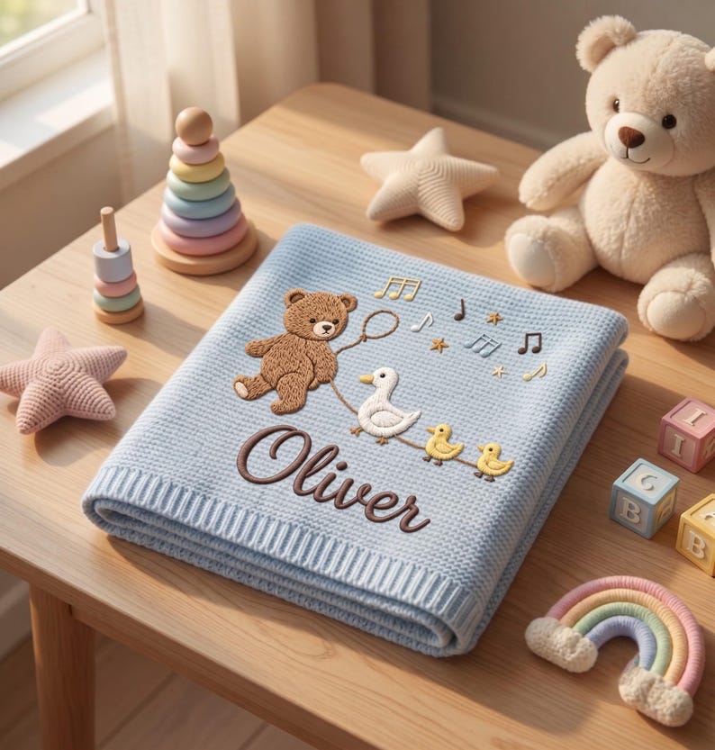 Personalized Teddy Bear Baby Blanket, Embroidered Name Blanket, Duck Baby Gift, Custom Newborn Gift