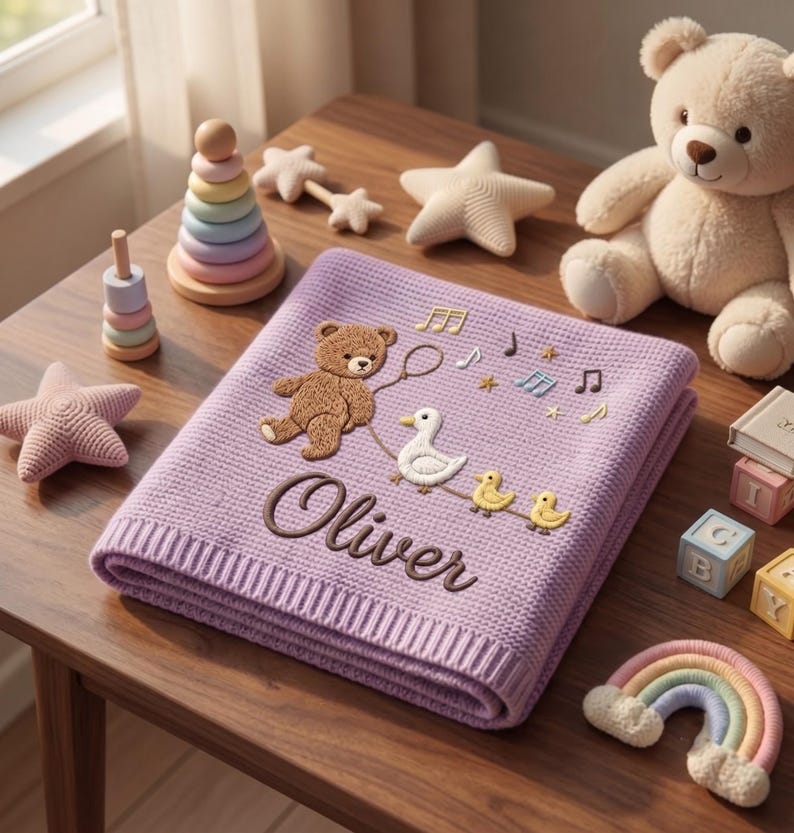 Personalized Teddy Bear Baby Blanket, Embroidered Name Blanket, Duck Baby Gift, Custom Newborn Gift