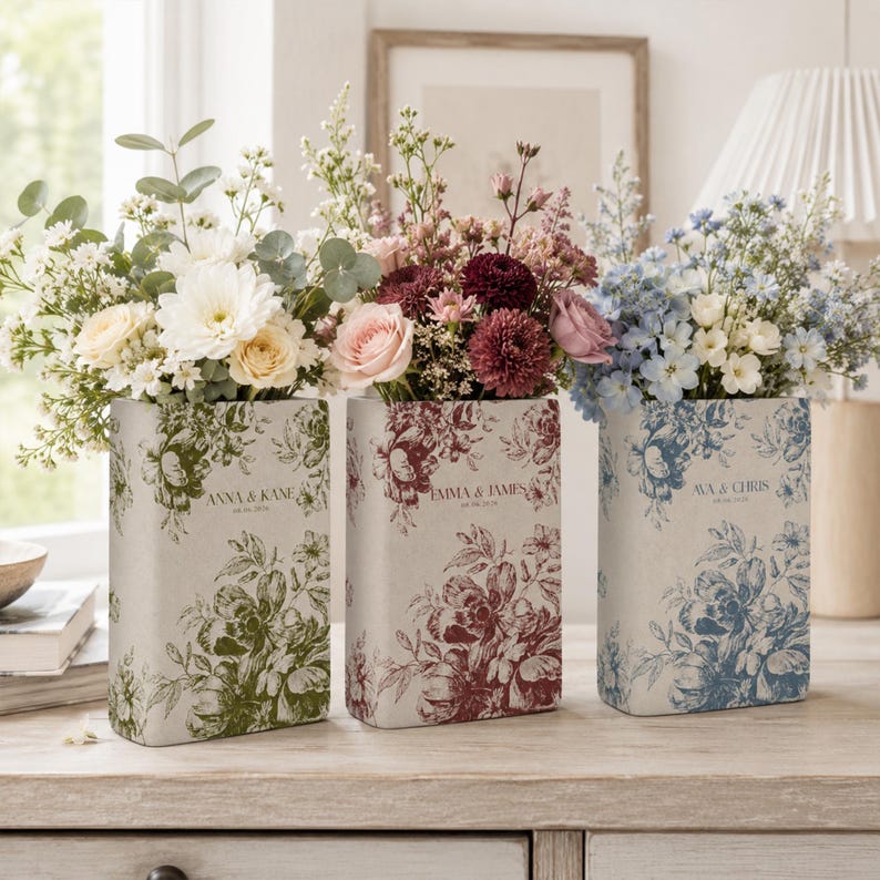 Personalized Engagement Toile De Jouy Ceramic Book Vase, Custom Couple Name Vase