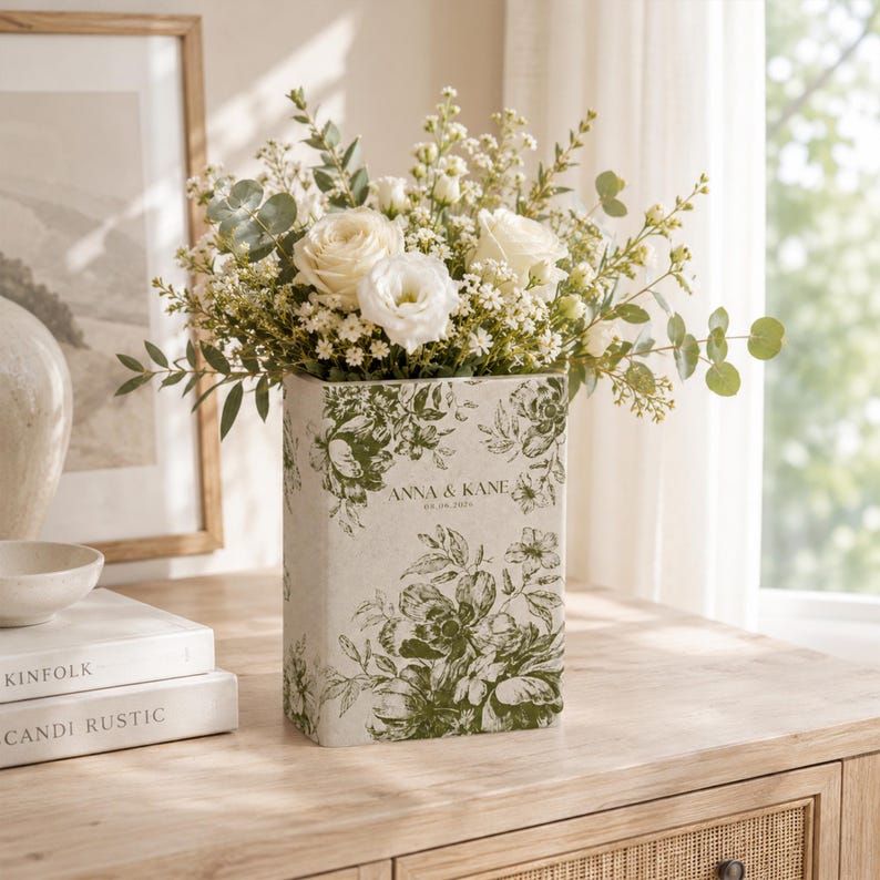 Personalized Engagement Toile De Jouy Ceramic Book Vase, Custom Couple Name Vase