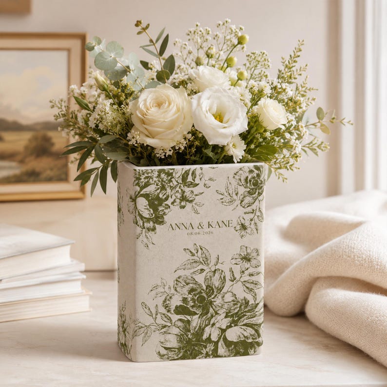 Personalized Engagement Toile De Jouy Ceramic Book Vase, Custom Couple Name Vase