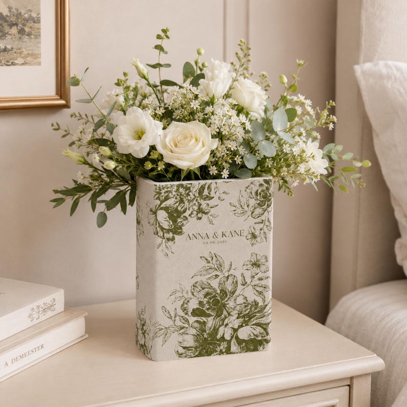 Personalized Engagement Toile De Jouy Ceramic Book Vase, Custom Couple Name Vase