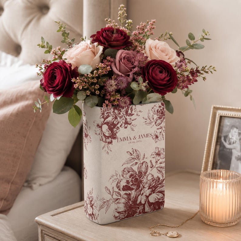 Personalized Engagement Toile De Jouy Ceramic Book Vase, Custom Couple Name Vase