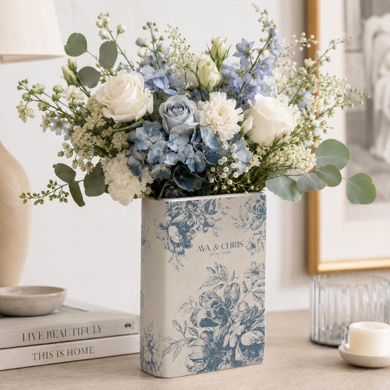 Personalized Engagement Toile De Jouy Ceramic Book Vase, Custom Couple Name Vase
