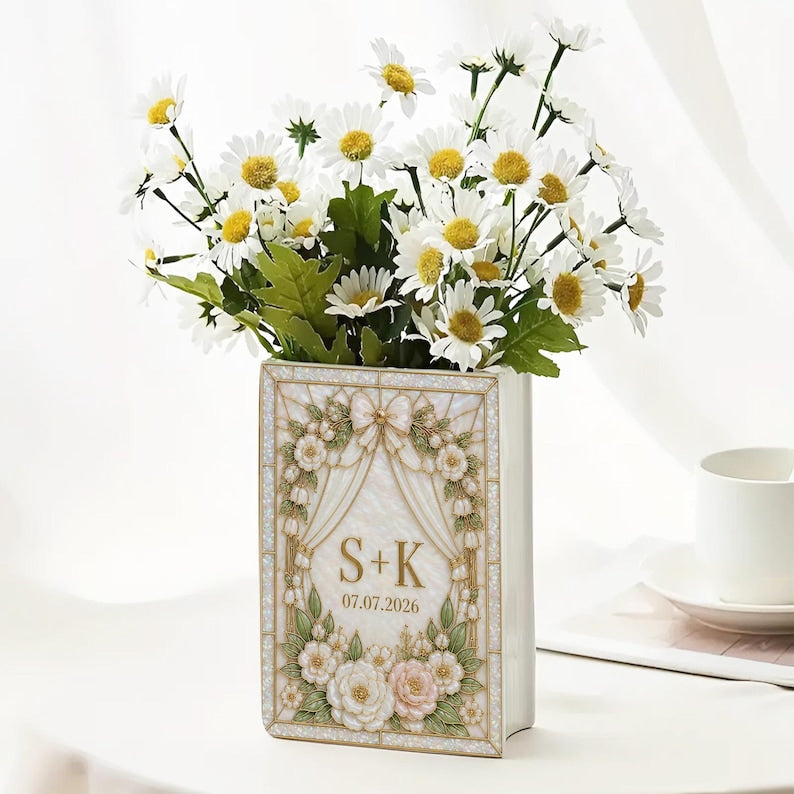 Personalized Wedding Book Vase, Custom Floral Bow Book Vase, Wooden Wedding Flower Vase