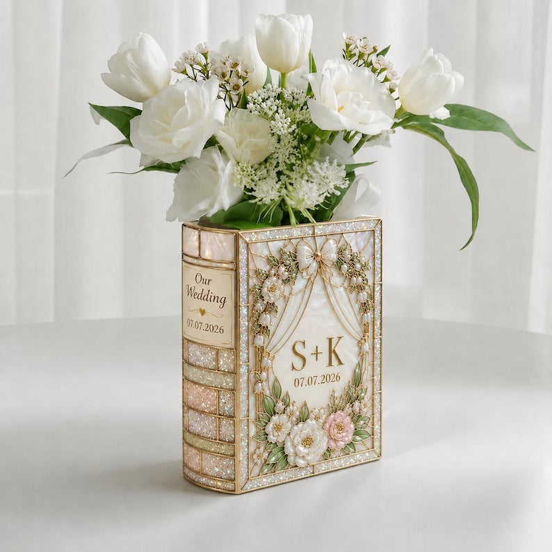 Personalized Wedding Book Vase, Custom Floral Bow Book Vase, Wooden Wedding Flower Vase