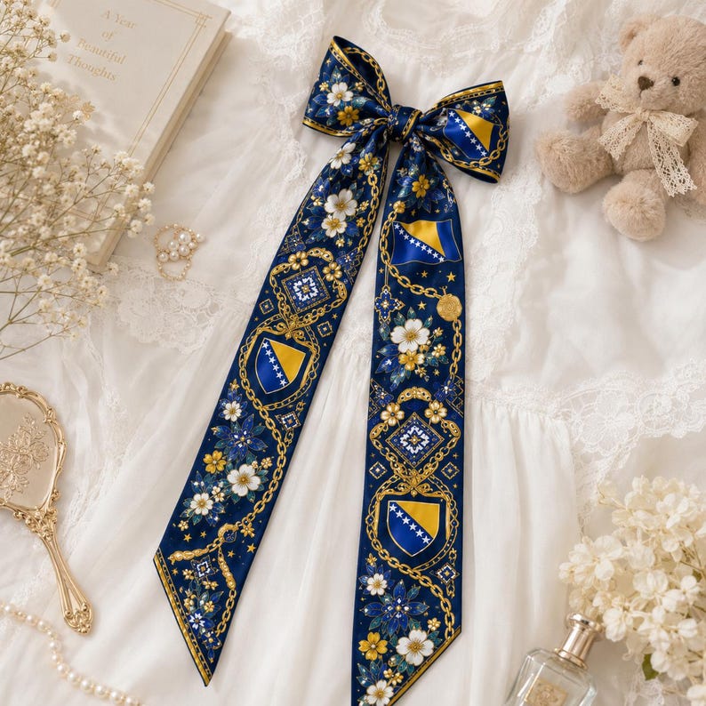 Bosnia Satin Hair Scarf, Bosnia Twilly, Bosnia Headband, Bosnian Flag Hair Scarf