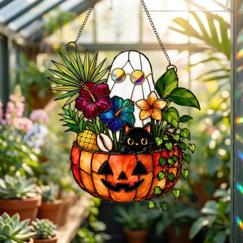 Ghost Black Cat Pumpkin Suncatcher, Halloween Faux Stained Glass Window Hanging, Spooky Plant Lover Decor