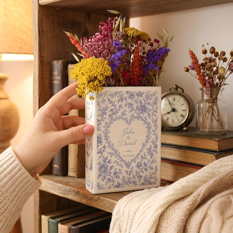 Custom Wedding Ceramic Book Vase, Engagement Toile De Jouy Flower Vase