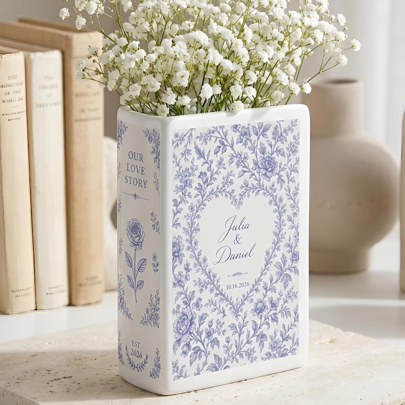 Custom Wedding Ceramic Book Vase, Engagement Toile De Jouy Flower Vase