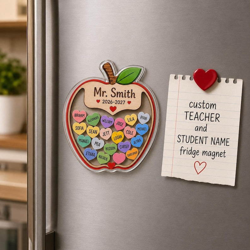 Personalized Teacher Shaker Magnet, Custom Teacher & Student Name Fridge Magnet, Apple Acrylic Shaker Magnet