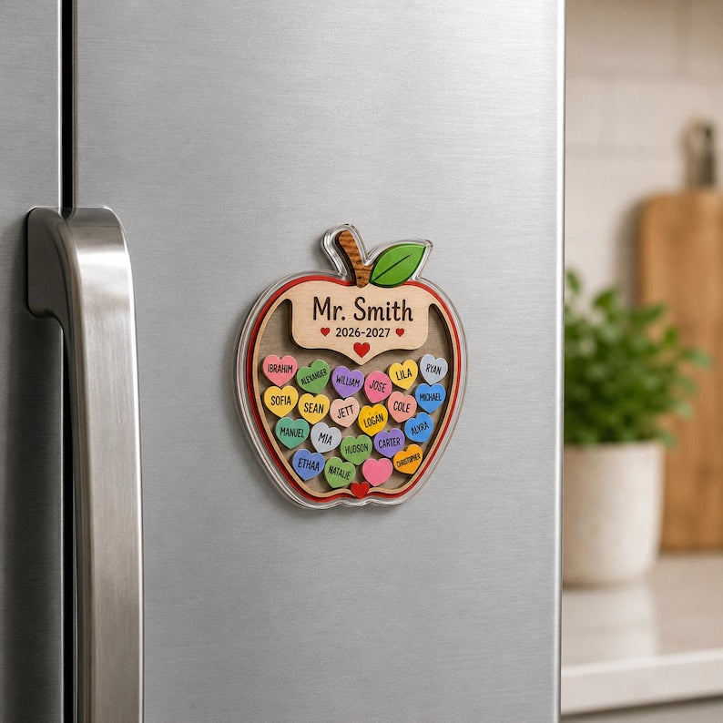 Personalized Teacher Shaker Magnet, Custom Teacher & Student Name Fridge Magnet, Apple Acrylic Shaker Magnet