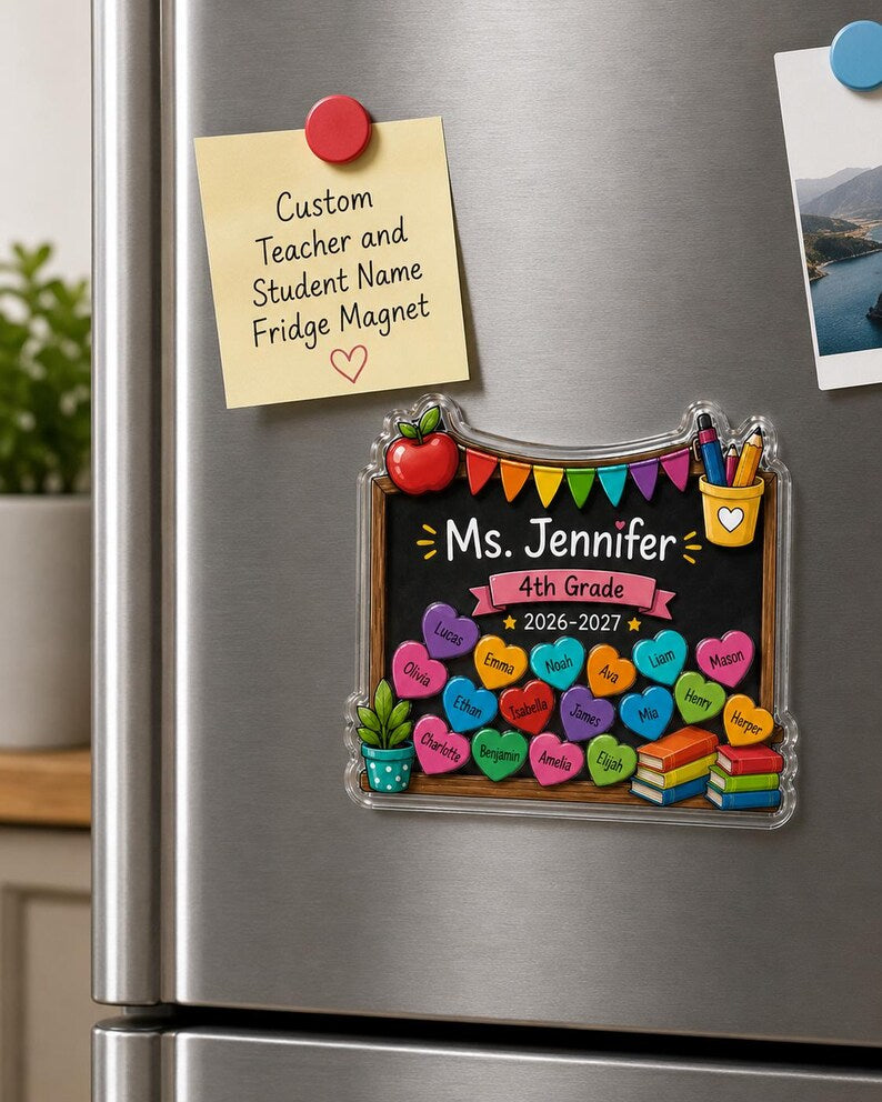 Personalized Teacher Shaker Magnet, Custom Teacher and Student Names Fridge Magnet