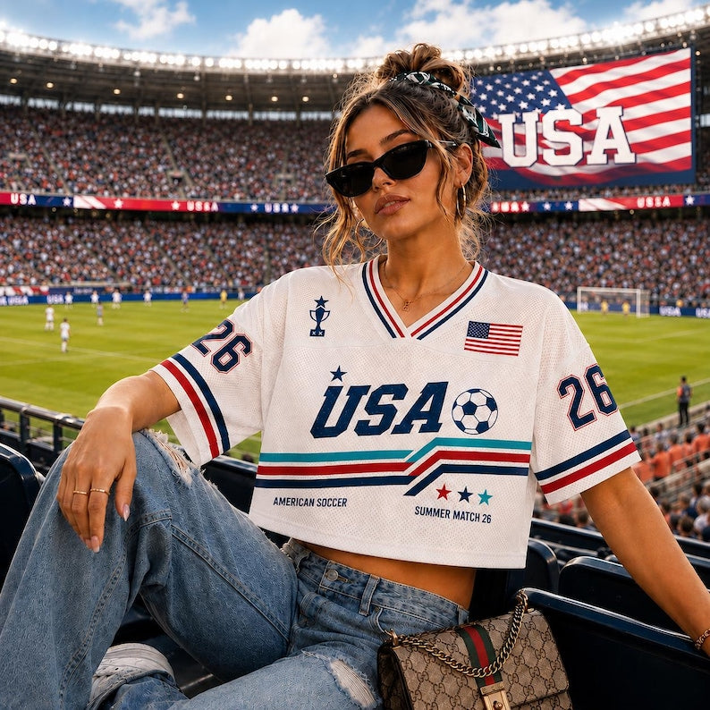 Custom USA Mesh Crop Top Soccer Jersey Shirt, Personalized Name Number Football Jersey