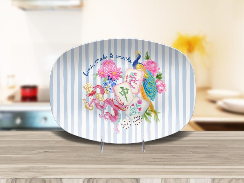 Mahjong Serving Platter, Bams Craks & Snacks, Peacock & Dragon Tray, Blue Stripe Game Night Hostess Gift