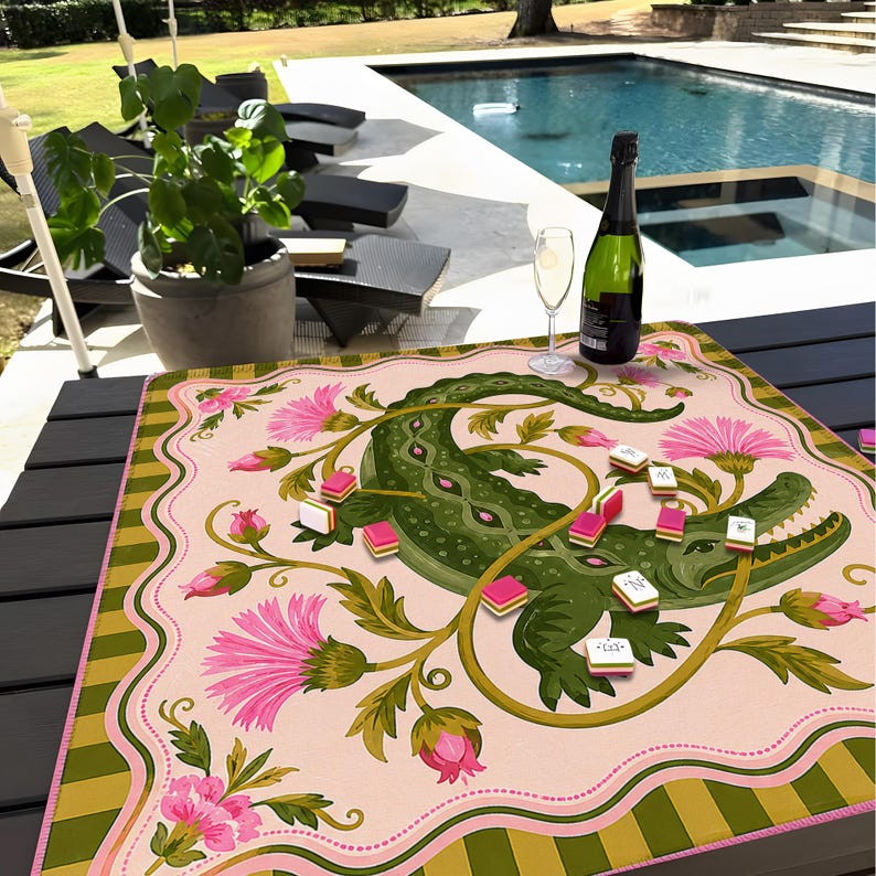 Alligator Floral Mahjong Mat, Southern Charm Game Night Table Runner
