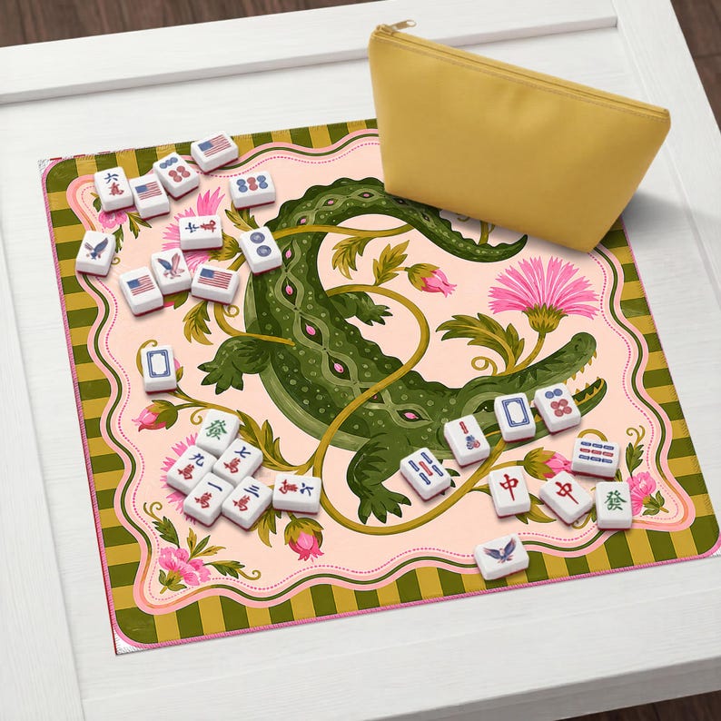 Alligator Floral Mahjong Mat, Southern Charm Game Night Table Runner