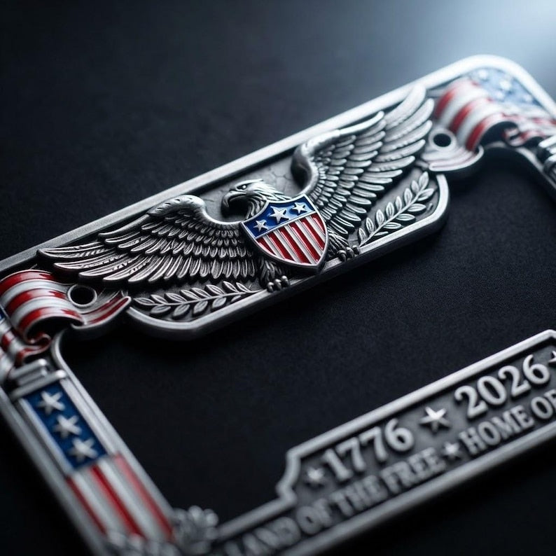 1776-2026 Patriotic Car Accessory, Aluminum Vintage Frame, Patriotic Gift for Veterans 2pcs
