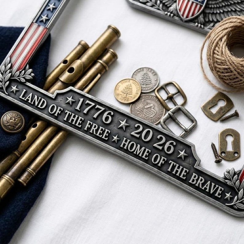 1776-2026 Patriotic Car Accessory, Aluminum Vintage Frame, Patriotic Gift for Veterans 2pcs