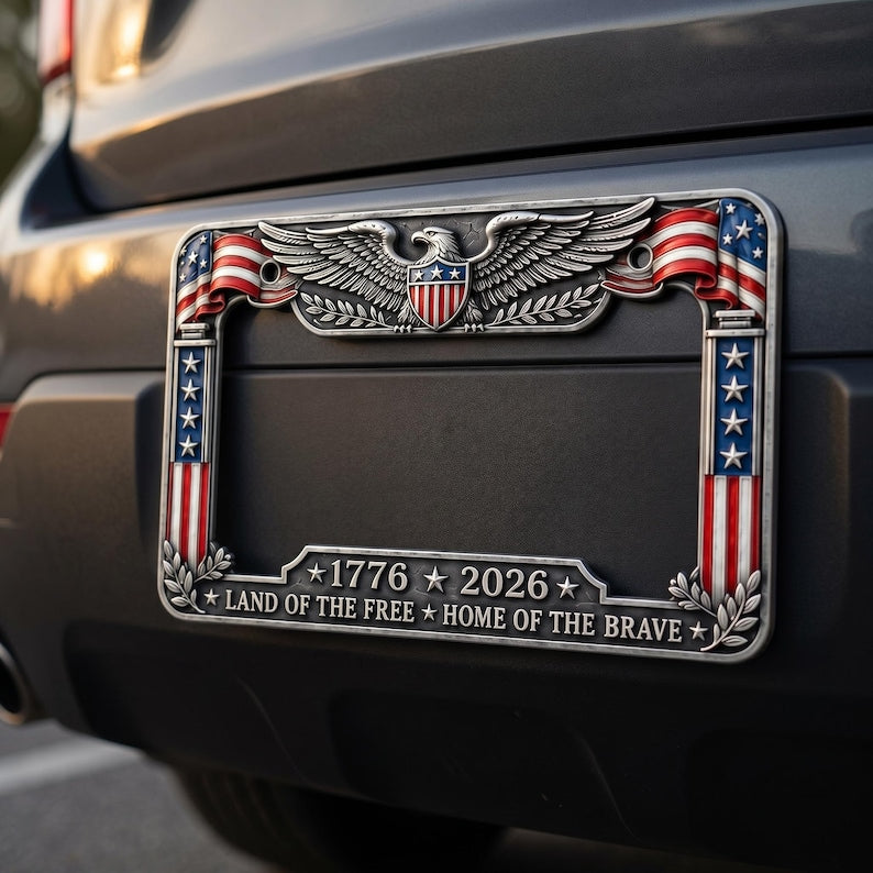 1776-2026 Patriotic Car Accessory, Aluminum Vintage Frame, Patriotic Gift for Veterans 2pcs