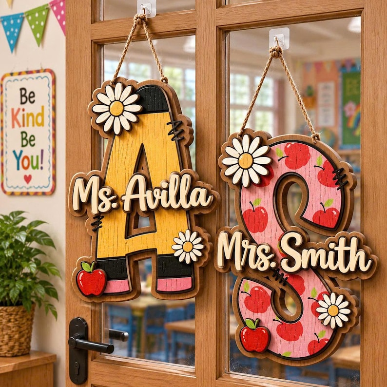 Personalized Alphabet Teacher Door Hanger, Back To School Teacher Gift, Custom Pencil Classroom Sign