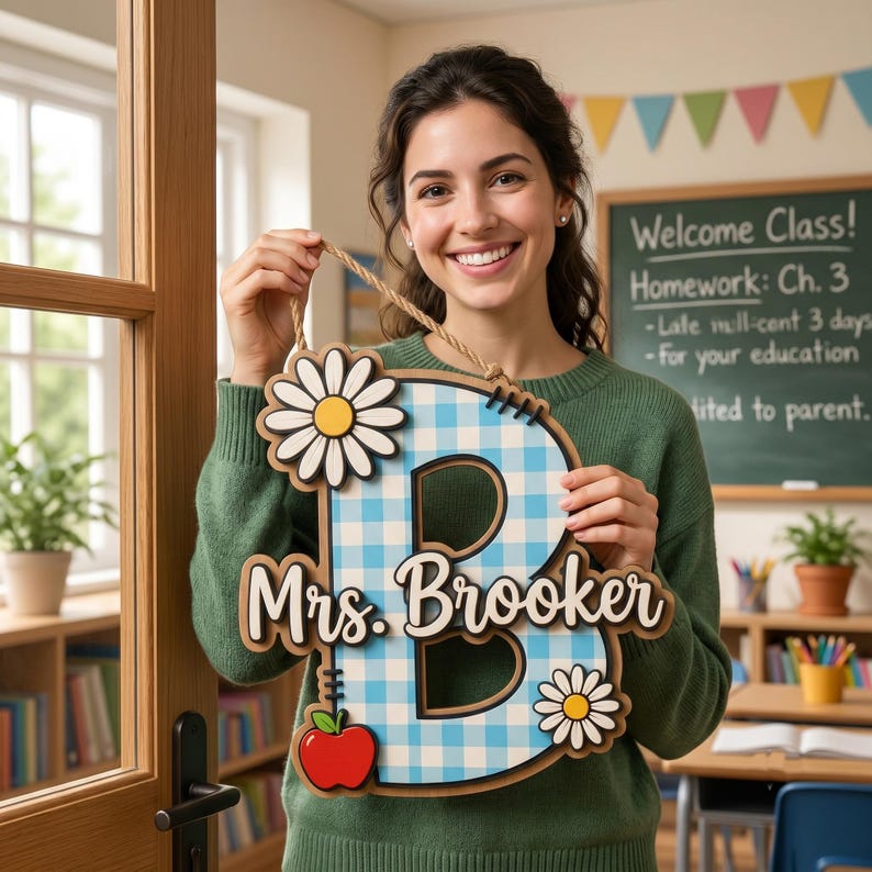 Personalized Alphabet Teacher Door Hanger, Back To School Teacher Gift, Custom Pencil Classroom Sign