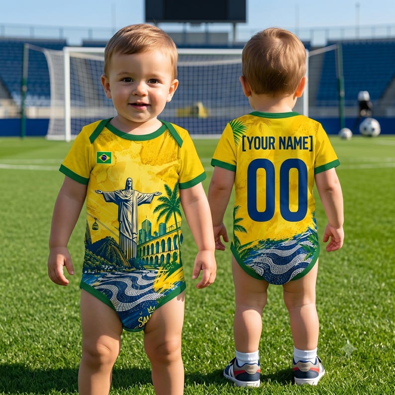 Brazil Soccer Baby Bodysuit, Custom Infant National Football Team Romper