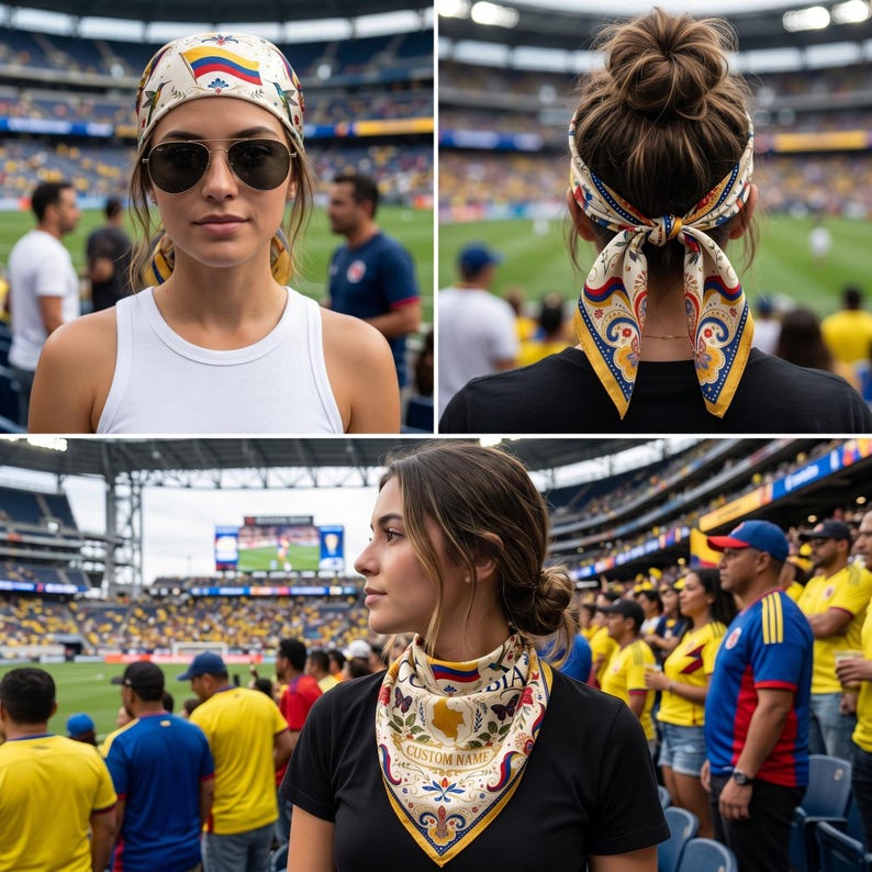 Custom Colombia Bandana, Personalized Name Silk Scarf, Colombian Flag Coffee Travel Gift