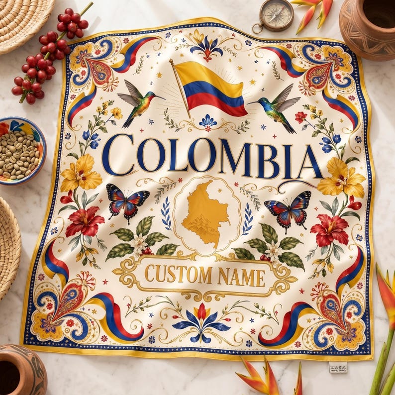 Custom Colombia Bandana, Personalized Name Silk Scarf, Colombian Flag Coffee Travel Gift