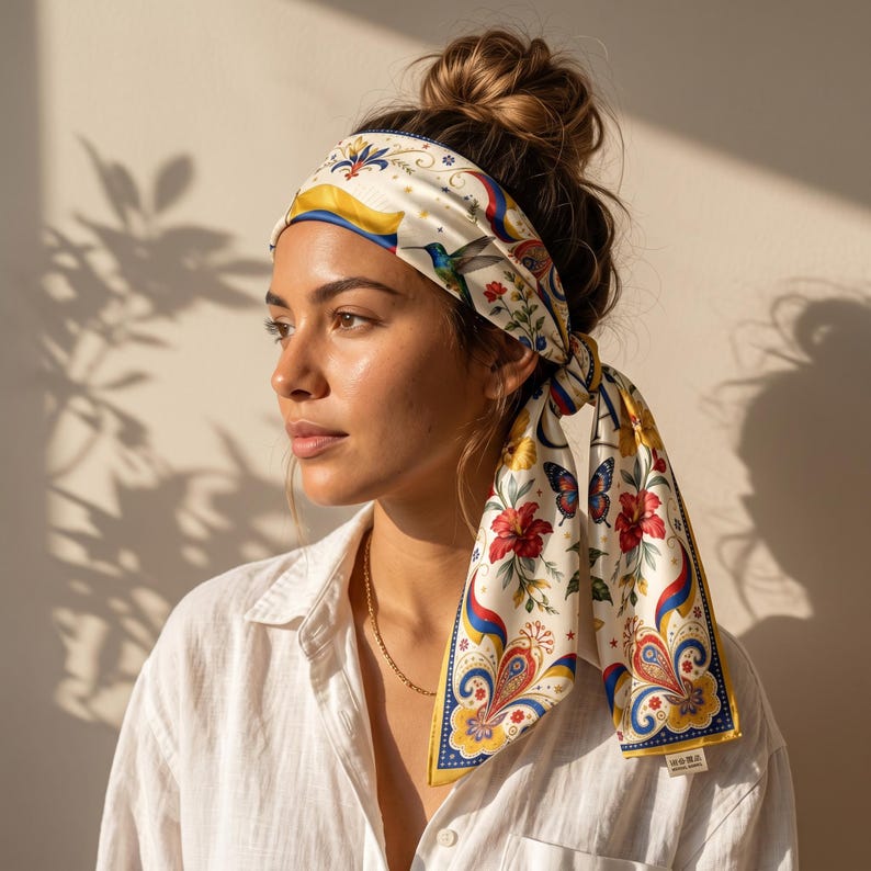 Custom Colombia Bandana, Personalized Name Silk Scarf, Colombian Flag Coffee Travel Gift