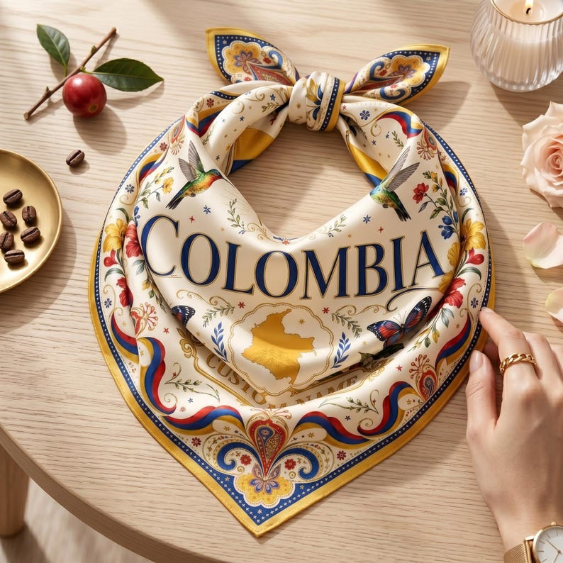 Custom Colombia Bandana, Personalized Name Silk Scarf, Colombian Flag Coffee Travel Gift